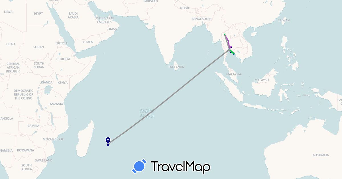 TravelMap itinerary: driving, bus, plane, train, boat, motorbike in Réunion, Thailand (Africa, Asia)